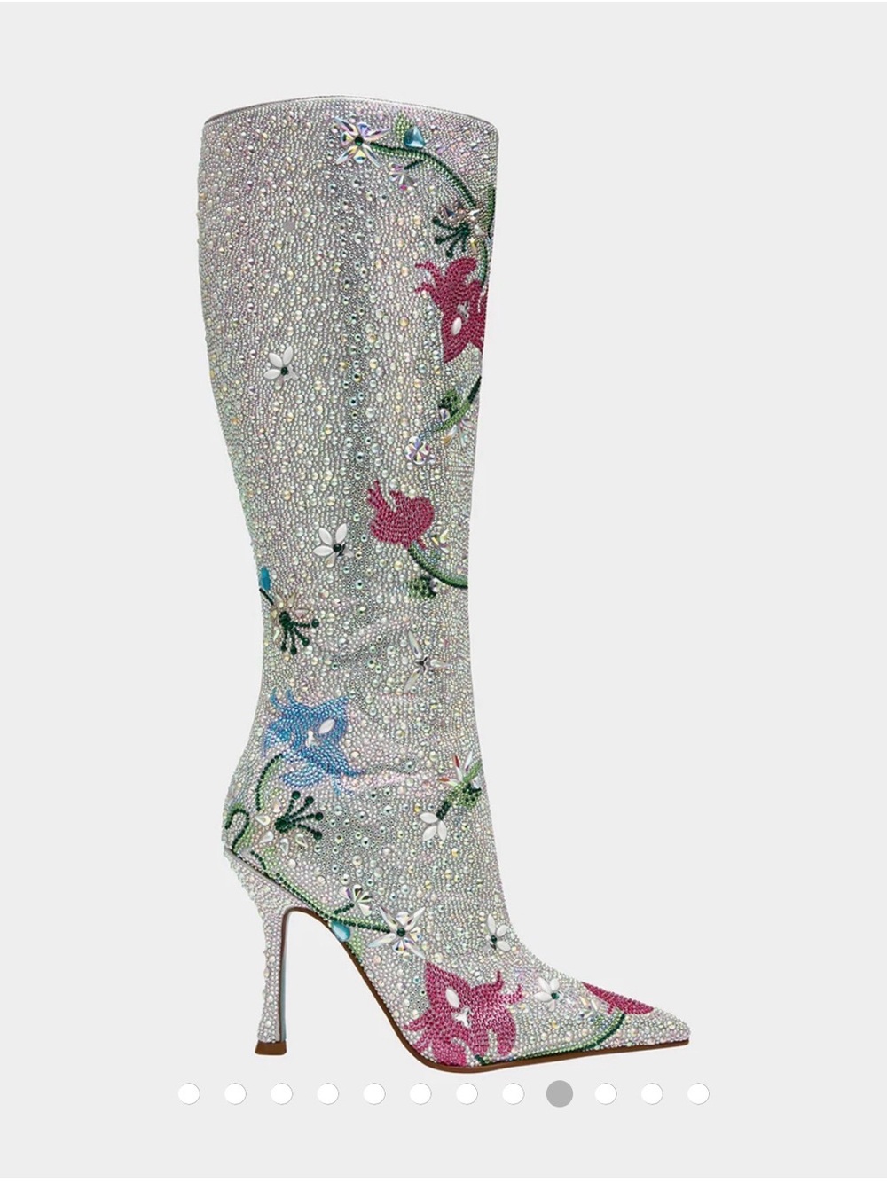 Betsey Johnson Silver Crystal Knee-High Boots with Pink & Blue Floral Embroidery